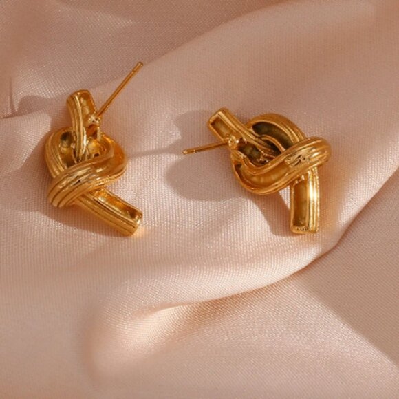 Stainless Steel Texture Knot Stud Earrings 18K Gold Plated - Picture 2 of 4